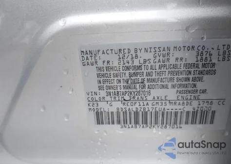 2019 Nissan Sentra Sv z USA, uszkodzony, nr VIN 3N1AB7AP2KY287016